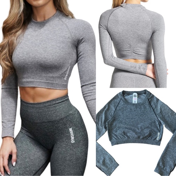Gymshark Tops - GYMSHARK ADAPT MARL SEAMLESS LONG SLEEVE CROP TOP ATHLETIC ACTIVEWEAR GRAY LARGE